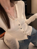 Fongt Women V-Neck Lace Spliced Knitted Shirt Women Autumn Winter Slim Small Gentle Comfortable Thin Inside Cloth
