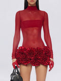 Fongt Short Dress Women's Dress 2025 Autumn New Splicing Sexy Hot Girl Three-Dimensional Flowers Thin Dress Dress Woman