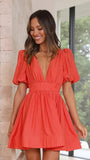 Fongt Summer New Sweet Deep V Waist Show Thin Pleated Bubble Sleeve Dress 23034-Outfit