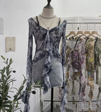 French Retro Oil Painting Wind Dyed Lotus Leaf Side Sling T-Shirts Long Sleeves Drifting Coat