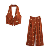 Fongt New Women's Sun-Print Linen-Blend Vest Blouse Wide-Legged Trousers Set
