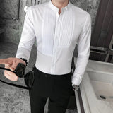 Tuxedo Shirts Front Pleated Small Stand Collar Solid Long Sleeve Blouse Male Gentleman Party Wedding Dress Slim Fit