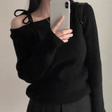 Skew Collar Sweater Off Shoulder Ropa Mujer Lace Up Bow Pullover Feminino Sexy Womens Clothing Korean Knitwears-Outfit