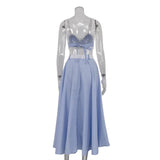 Blue Stripe Lace Trim Crop Top And Long Skirt Set-Outfit