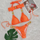 Fongt Sexy Luxury Crystal Diamond Bikini Solid Color Female Strap Swimwear Metal Accessories