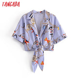 2021 Summer Women Print Bow Blue Blouse Long Sleeve Chic Female Crop Shirt Blusas Femininas