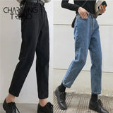 Jeans Pant Black Korean Crop Jeans Girls Students Vintage Solid Long Pants Fit Female High Waist Denim Pants