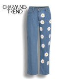Little Daisy Jeans For Women 2020 Autumn Winter Spring Blue Zipper Print Mom Denim Trousers Vintage Fashion Pants