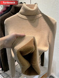For Women Winter Thicken Turtleneck Slim Knit Pullover New Warm Plush Velvet Lined Knitwear Jumper Tops Casual
