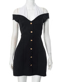 Black Off-Shoulder Contrast Halter Buttoned Mini Dress-Outfit
