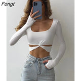 Casual Long Sleeve Hollow Out Short T Shirt Solid Slim Kink Cropped Top Office Lady Sexy Square Collar Chic Basic