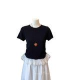 Fongt Lace Spliced Under Hem Short Sleeve Lace T-Shirt Summer New Slim White Collar Showing Thin Bottom