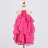 Fongt Wind Hanging Neck Dress Woman 2025 Spring New Fashion Fresh Lotus Leaf Design Sense Solid Color Short Dress