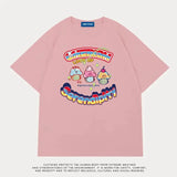 Cute Japan Cartoon Letter Print T Shirts Kawaii Girl Short Sleeve Tops 2023 Summer Basic 100%Cotton Couples Teens