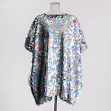 Street Trend Dress Loose Plus-Size Cloak Dress 2025 Spring New Round-Necked Brighten Cover Cover Meat Short Dress
