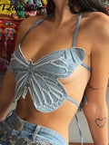 y2k Butterfly Jeans Crop Top Backless Strap Camis Sexy Blue Cute Party Sweats Women Beach Holiday Mini Vest Summer