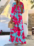 Casual Women Summer V Neck Dress Elegant Femme Long Sleeve Holiday Beach Dress Vintage Leopard Print Maxi Dress