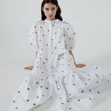 Sleeve Midi Women Dresses Vintage Polka Dot Dress White Cotton Floral Embroidery Summer Dress Casual Party