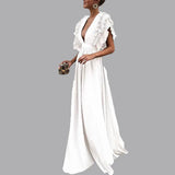 Sleeves Mid Waist V-neck Backless Solid Color Long
