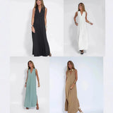 Fongt Summer New Fashion V-Neck Sleeveless Loose Thin Simple Solid Color Long