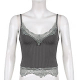 Dark Brown Vintage Gothic Lace Camis Indie Style Harajuku Women Knitted Bodycon Sexy Crop Tops Spaghetti Strap Backless