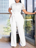 Fongt Women's Sexy Lace Lace Hollow Short-Sleeved Strap High-Waisted Broad-Legged Jump-Legged Jumpsuit