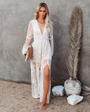 Fongt New Women's Lace Long-Sleeved V-Neck Solid Chiffon Summer Dress