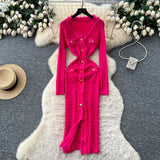 Fongt Small Fragrant Style High-Level Sense V-Neck Metal Buckle Waist Knitted Dress Women Autumn Body Fork Long Dress