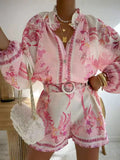Early Spring Court Wind Lantern Sleeve Single Door Lamp Printed Shorts