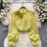 Fongt Shirt Female Design Sense Small Three-Dimensional Flower Bubble Sleeves To Reduce The Age Of Pure Color Chiffon Shirt Women's Long-Sleeved Top
