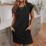 Fongt Summer Large-Size Burst Solid Color With Pocket Casual Round Collar Dress Woman