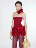 Red Lace Up Corset And 3d Flower Mini Skirt Two-Piece Set-Outfit