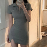 Polo Shirt Mini Dress Korean Summer Casual Turn-down Collar Short Sleeve Split Dresses Ropa Mujer Verano 2021 Robe
