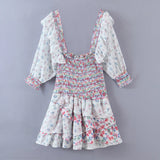 Romantic Printing Heavy Industry Laminated Lotus Leaf Pleated Bubble Sleeve Dress In Spring-Outfit