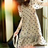 Stylish Polka Dot Printed Chiffon Midi Dress Summer Elegant Folds Patchwork Women's Clothing Loose A-Line O-Neck Dresses-Outfit