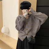 Fongt Horn Button Solid Color Sweater Coat Women's Winter 2024 New Loose Lazy Wind Hoodie Knit Cardigan-Outfit