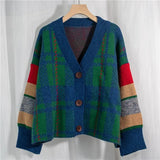 New 2020 Autumn Winter Women's Sweaters V-Neck Buttons Cardigans Checkered Knitted Oversize Vintage Tops