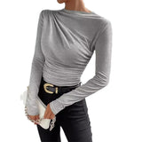 Fongt Summer Solid Color Round Collar Repair Shirt Bran Folding Design Women's Long-Sleeved Top
