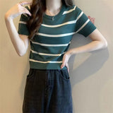 Fongt Striped Short-Sleeved Knitted Shirt 2024 Summer New Design Sense Small Loose Short Top In
