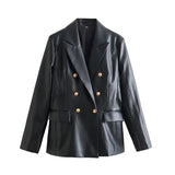 Fongt Women's Clothing 2025 Autumn New 2 Color PU Imitation Leather Double Row Buckle Long-Sleeved Blazer Women A19842