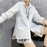 Lace Spliced Blouse Basic Solid Color Women's Clothing Turn-down Collar Spring Autumn Single-breasted Korean Split Shirt-Outfit