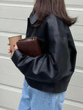 Vintage Lapel Neck Pocket Loose Short Leather Jacket-Outfit