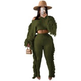 Fongt New Women's Wear Casual Solid Color Knit Long Sleeve Tassel Suit-Outfit