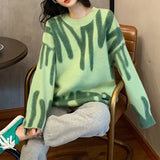Pullovers Women Sweater Elegant Green Striped Print Winter Long Sweaters Streetwear Ladies Jumper Warm Outerwear