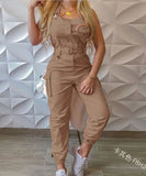 Fongt Women's Work-Packed Pocket Design Jumpsuit Sleeveless Backs And Trousers Simple Restraints Trousers +