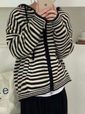 Hooded Striped Long Sleeve Knit Cardigan-Outfit