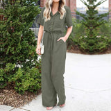 Elegant Rompers Women Jumpsuits Summer Wide Leg Overalls Drawstring Elastic Waist Short Sleeve Solid Dungarees