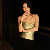 Fongt Women's Wear 2024 Winter New Solid Color Casual Chest Exposed Navel Sleeveless Gold Slim Vest Jacket-Outfit