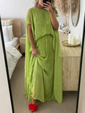 Fongt Women's Dress Solid Color Pressure Folding Over The Big Swing Fashion Loose Tie Women 8157
