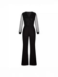 Women's Elegant Fashion Solid Color V-Neck Mesh Splicing High-Waist Pocket